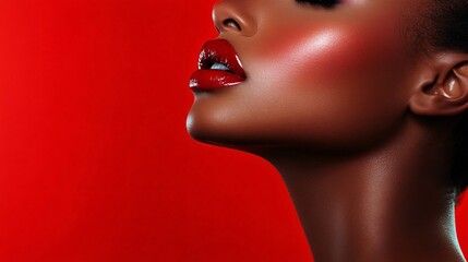 Wall Mural - Woman with red lips and red hair is shown with a red background. Concept of confidence and boldness, as the woman's makeup and hair color are both striking and attention-grabbing