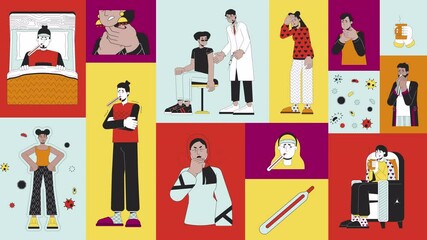 Poster - Staying sick at home animated bento grid layout. Fever high, cold symptoms, immunization. Multinational flu people 2D animation flat cartoon ui collage design. 4K video motion graphic collection