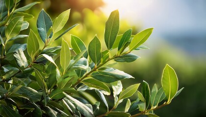 Canvas Print - Sunlight illuminates vibrant green bay leaves on a branch.