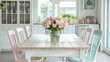 © Andres Mejia - Bouquet of pink and white roses decorating rustic dining table in shabby chic kitchen