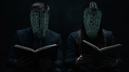 Poster - Businesspeople reading with binary code projected on their faces