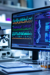 Aufkleber - Medical research laboratory computer showing dna double helix and analysis charts