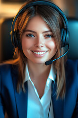 Poster - Friendly female call center agent smiling while wearing headset