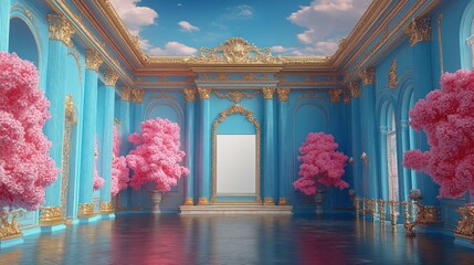 Poster - Elegant room with blue walls and pink trees.