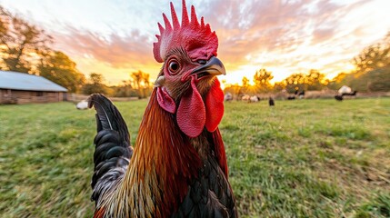 Wall Mural - Rooster at Sunrise Farm Setting Majestic Bird