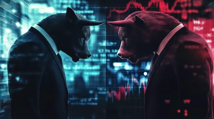 Poster - bull and bear figures in formal attire locked in a dynamic stare representing the opposing forces of the stock market set against an abstract energetic background of market trends -