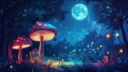 Canvas Print - Enchanting Glowing Mushrooms Underneath A Night Sky