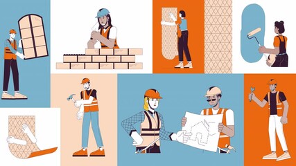 Poster - Construction workers on site animated bento grid layout. House builders foremen. Renovation contractors diverse people 2D animation flat cartoon ui collage design. 4K video motion graphic collection