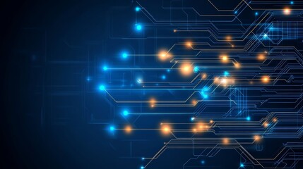 Fototapete - Abstract digital circuit design with glowing lights on a dark background.