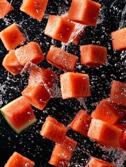 Wall Mural - Juicy watermelon cubes splash in water, creating a vibrant and refreshing scene perfect for summer enjoyment.