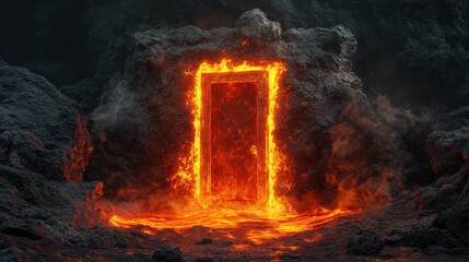 Canvas Print - Fiery Doorway in Volcanic Rock Landscape