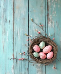 Wall Mural - Colorful Easter eggs in a nest surrounded by small blossoms on a rustic wooden surface