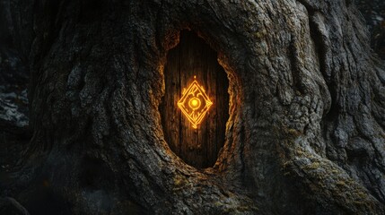 Canvas Print - Glowing Symbol Hidden Within Ancient Tree Trunk