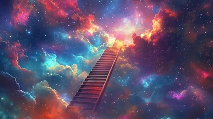 Wall Mural - celestial ladder rising through a starry sky symbolizing the pursuit of dreams surrounded by vibrant