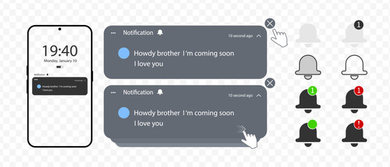 notification screen ui. push notification. sms notification on the screen of the smartphone. sms pop