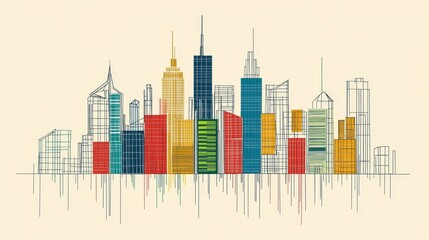 A colorful skyline illustration featuring various modern skyscrapers in a minimalist style.