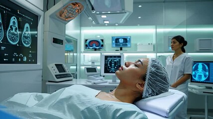 Poster - A patient lies on a medical bed, surrounded by advanced imaging equipment in a high-tech healthcare facility. A healthcare professional attentively monitors the analysis on screens.