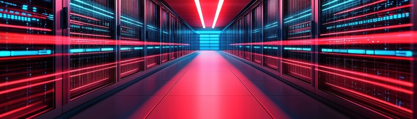 Wall Mural - A futuristic data center corridor illuminated by red and blue lights, showcasing rows of servers and high-tech equipment.