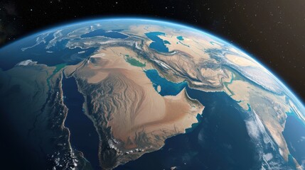 Poster - planet earth from space, zoom in to the middle east, saudi arabia, world skyline, globe