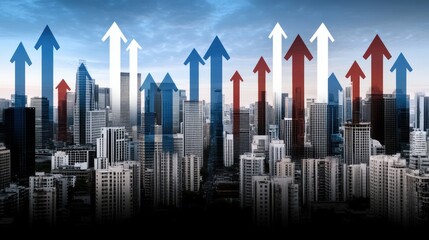 Poster - Graph depicting stock market fluctuations with red and blue arrows set against a bustling city skyline filled with skyscrapers.