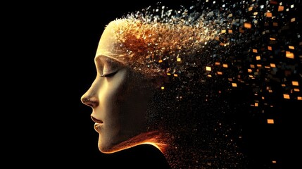Aufkleber - A 3D abstract representation of a human face, symbolizing the concept of artificial intelligence, big data, and cybersecurity in the digital era.