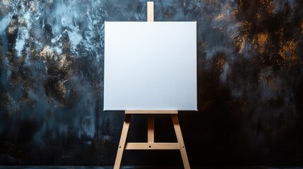 Poster - a blank white canvas on a small wooden easel, contrasting with a dark backdrop, perfect for showcasi