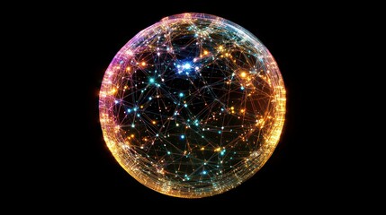 Poster - Glowing sphere with interconnected nodes representing global network.