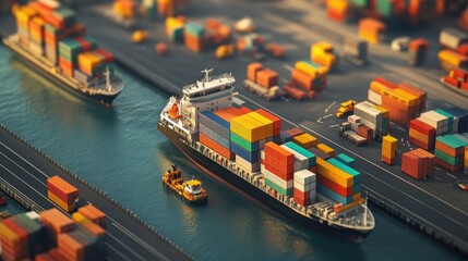 Poster - A busy logistics network with a cargo ship and trucks transporting goods, symbolizing the global expansion of transportation and distribution.