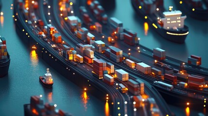Poster - A busy logistics network with a cargo ship and trucks transporting goods, symbolizing the global expansion of transportation and distribution.