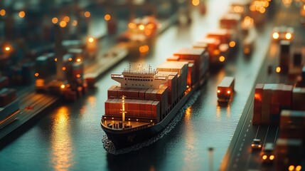 Poster - A busy logistics network with a cargo ship and trucks transporting goods, symbolizing the global expansion of transportation and distribution.