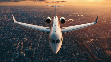 Poster - A civil aircraft flying above a city, descending toward the runway with a panoramic view of urban landscapes below.