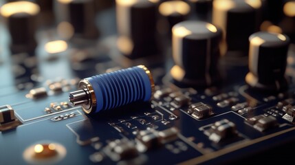 Poster - A close-up of a blue audio jack embedded in a circuit board, showcasing delicate electronic components and their intricate connections in a tech environment.