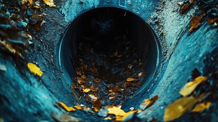 Poster - A close-up of a clogged sewer pipe with visible debris inside, representing plumbing issues and the need for repair in a residential or commercial setting.