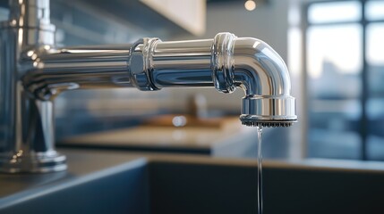 Poster - A close-up of a pipe joint in an apartment, with water dripping, symbolizing plumbing leaks, maintenance, and the need for repair.
