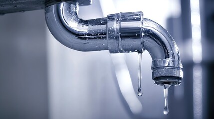 Poster - A close-up of a pipe joint in an apartment, with water dripping, symbolizing plumbing leaks, maintenance, and the need for repair.