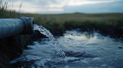 Poster - A close-up of a water pipe in an open field, with clean water flowing, representing the importance of water conservation and environmental sustainability.