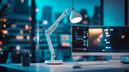 Poster - A modern workspace featuring a desk lamp and computer in a cityscape setting.