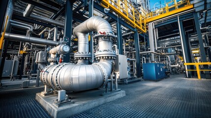Poster - A close-up of gas pipelines and a compressor station, highlighting carbon processing and industrial energy infrastructure.