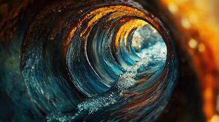 Aufkleber - A close-up of the inside of a pipe, showing rust and flowing water, symbolizing aging infrastructure and the need for repairs.