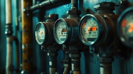 Poster - A close-up shot of a gas meter array with multiple meters on a panel, measuring energy consumption in an industrial or residential setting.