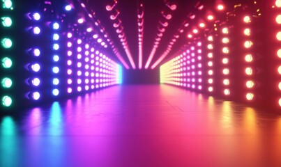Poster - Vibrant LED Light Tunnel with Colorful Reflections and Symmetrical Patterns