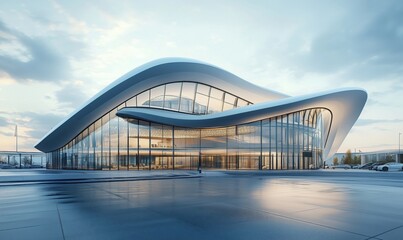Poster - Modern architectural marvel featuring fluid design and expansive glass facade, showcasing innovative structure and contemporary aesthetics