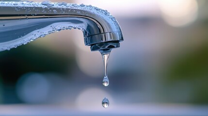 Aufkleber - A close-up view of water dripping from a pipe joint in an apartment, highlighting the issue of leakage and the need for plumbing repair.