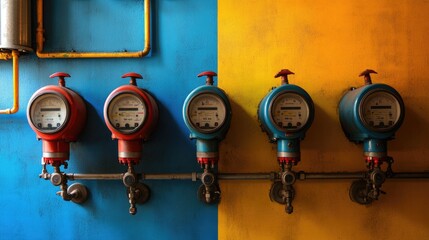 A collection of gas meters in a utility room, forming a gas meter array used for residential or commercial energy management.