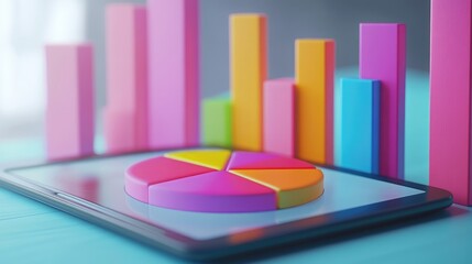 Poster - A colorful pie chart and bar graph displayed on a tablet, tracking progress toward financial goals, symbolizing success and planning.