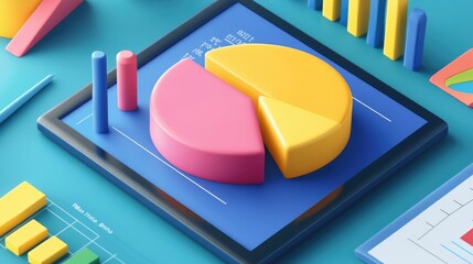 Poster - A colorful pie chart and bar graph displayed on a tablet, tracking progress toward financial goals, symbolizing success and planning.