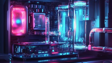 Poster - A computer processor connected to an AI chatbot system, illuminated with glowing digital data streams and futuristic technology.