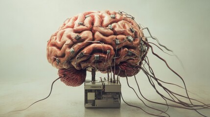 Poster - A conceptual image of a brain connected to a system block with wires, symbolizing the intersection of neuroscience and technology.