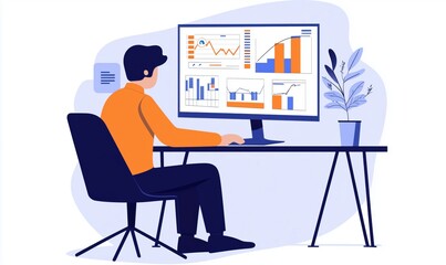 Poster - data analysis and visualization on computer screen with graphs and charts, person working at desk, m