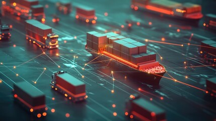 Poster - A container cargo ship and trucks on a transportation network, representing the growth of global logistics and trade.